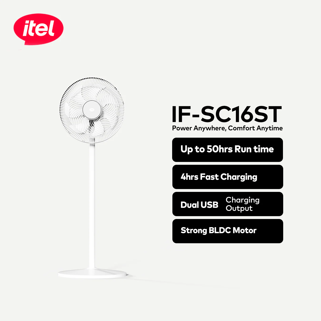 itel 16 Inch Solar Rechargeable Standing Fan-IF-SC16ST